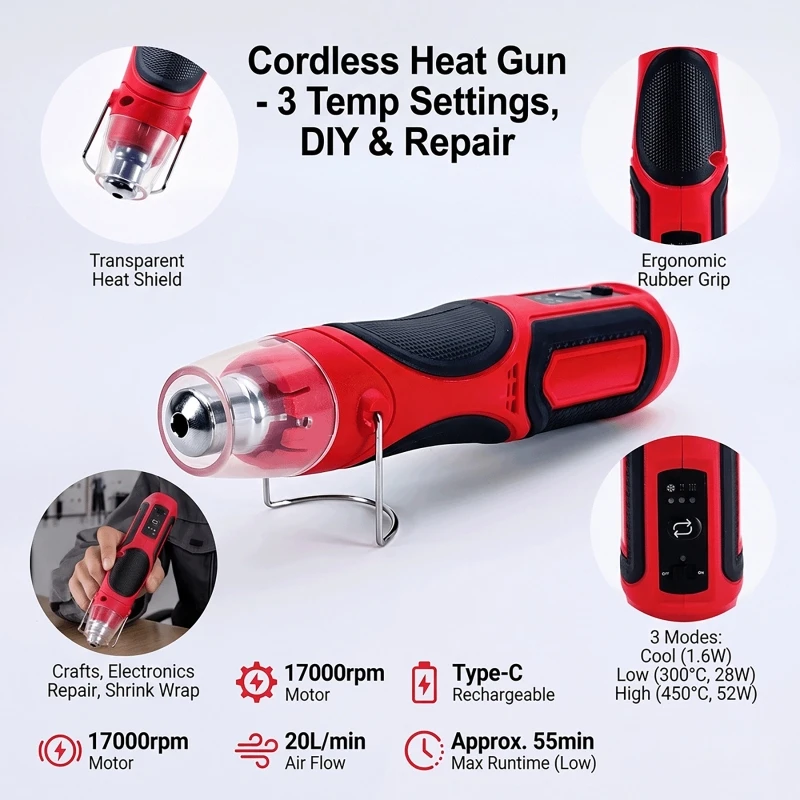 Heat Gun Small - ปืนลมร้อนขนาดเล็กแบบพกพา ไร้สาย ชาร์จด้วยพอร์ต Type-C แบตเตอรี่ลิเธียมแบบชาร์จได้ สำหรับงานทำตราประทับและงานฝีมือพลาสติกหด